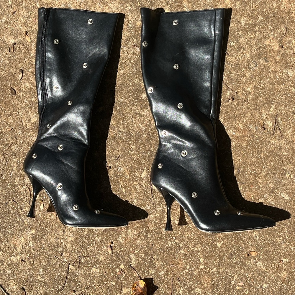 Black Studded Knee-High Boots - like new. 7 - Picture 2 of 7